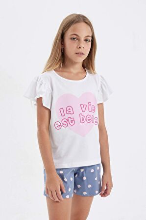 DeFacto Kız Çocuk Pijama Takımı Baskılı Kısa Kollu Üst Şort C8503A824SMWT34