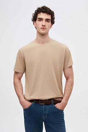 Ds Damat Slim Fit Bej Bisiklet Yaka %100 Pamuklu Nefes Alabilen T-Shirt