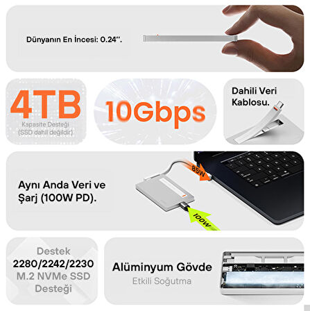 Sharge Disk Plus: Ultra İnce NVMe SSD Kutusu ve Çok Fonksiyonlu Hub - Gümüş