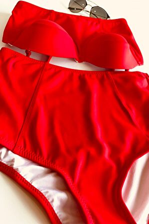 Kırmızı Yüksek Bel Bikini Alt Üst Takım