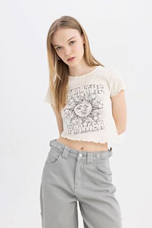 DeFacto Coool Fitted Bisiklet Yaka Baskılı Waffle Kısa Kollu Tişört C8612AX24SMER238