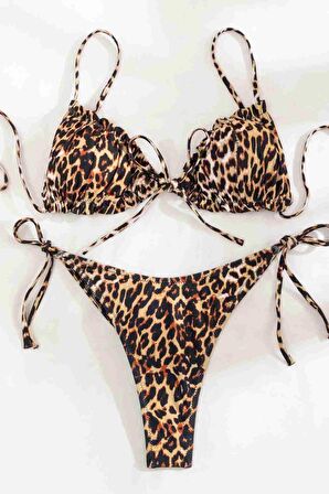 Angelsin Leopar Desenli Bağlamalı Tasarım Bikini Takımı