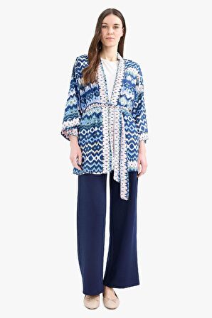 Relax Fit Desenli Kuşaklı Kimono