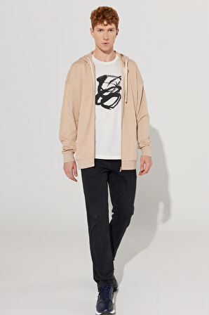 Erkek Sütlü Kahve Oversize Fit Geniş Kesim Dik Yaka %100 Pamuk Fermuarlı Sweatshirt