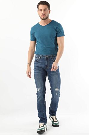 Erkek Dizi Yırtık Jean Pantolon  Mavi