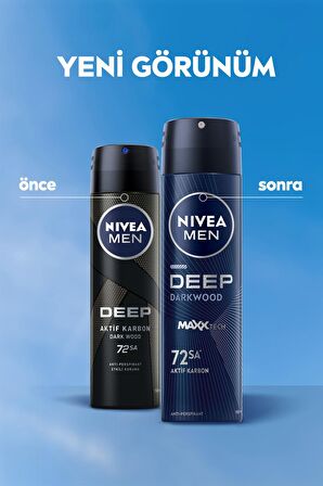 Nivea MEN Erkek Sprey Deodorant Deep Dimension Aktif Karbon 150ml, 72 Saat Anti-perspirant Koruma, X3 Adet