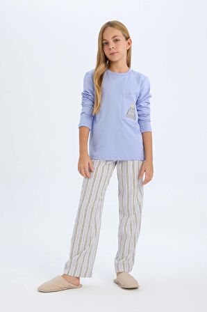 DeFacto Kız Çocuk Pijama Takım Bisiklet Yaka Uzun Kollu Üst Beli Lastikli Uzun Alt D2112A824AUPR462