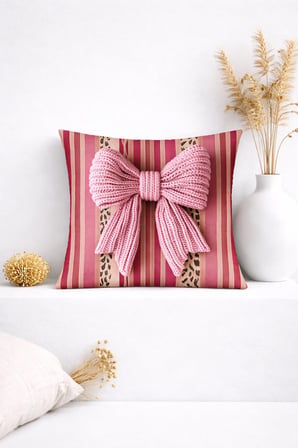 3D Pembe Triko Fiyonk Detaylı Çizgili Dekoratif Kırlent Kılıfı (45x45 cm)