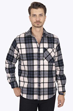 Lacivert Beyaz Geçişli Oversize Kalın Oduncu Gömlek