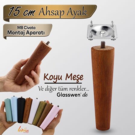 Ahşap Ayak 15 Cm 2'li Set Koyu Meşe M8 Civatalı Bağlantı Aparatlı Dolap Mobilya Koltuk Kanepe Destek Ayağı Ayakları