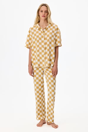 Sarı Hannah Dama Desenli Kısa Kollu Gömlek Pantolon Pijama Takımı