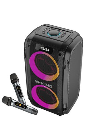 W-KING T9PRO Çift Mikrofonlu Bluetooth Hoparlör 250W Işıklı Karaoke Partybox IPX5 Kablosuz Ses Bombası Siyah