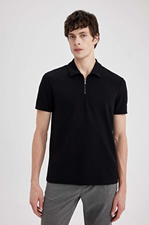 DeFacto Regular Fit Polo Yaka Yarım Fermuarlı Kısa Kollu Pilise Siyah Tişört B7355AX24SPBK81