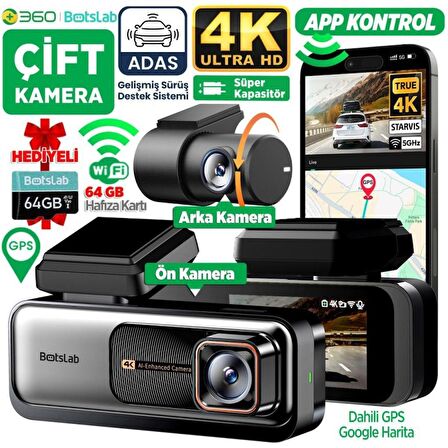 360+ Botslab G980H Pro ADAS Ön Kamera Gerçek 4K UHD Arka 2K QHD 170° Geniş Açı Lens Gece Görüşü Dahili Gps Modülü Akıllı Araç İçi Kamera (64GB HAFIZA KARTI HEDİYELİ)