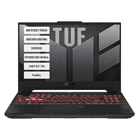 ASUS TUF Gaming A15 FA507NUR-LP075-Gaming AMD Ryzen 7-7435HS 16GB DDR5 512GB SSD RTX 4050 6GB 15.6 inç 144Hz Full HD FreeDos Gaming Laptop