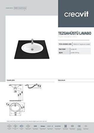 Creavit 58 cm Tezgah Üstü Çanak Lavabo TP230