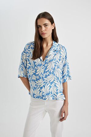 DeFacto Regular Fit Desenli Pijama Yaka Kısa Kollu Gömlek C3389AX24SMWT32