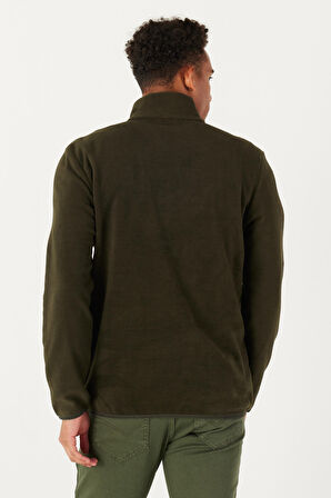Erkek Haki Standart Fit Normal Kesim Fermuarlı Bato Yaka Isı Koruyan Polar Sweatshirt