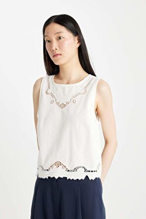 DeFacto Regular Fit Yuvarlak Yaka Keten Karışımlı Kolsuz Bluz B5442AX24SMER85