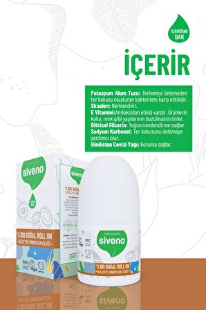 Siveno %100 Doğal Roll On Hindistan Cevizli Deodorant Ter Kokusu Önleyici Bitkisel Leke Bırakmayan Vegan 50 ml