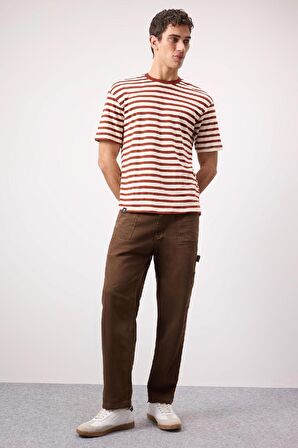 DeFacto Boxy Fit Bisiklet Yaka Çizgili Kısa Kollu Ağır Kumaş Tişört B5910AX25SPOG592