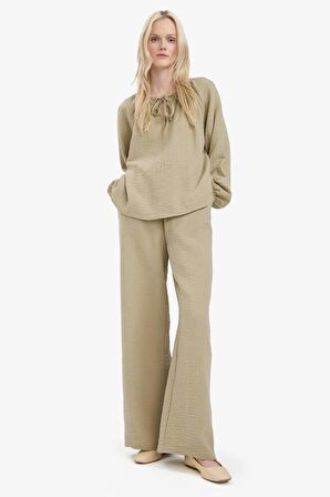 Wide Leg Müslin Kumaş Pantolon Çift Cepli Yüksek Bel Geniş Paça