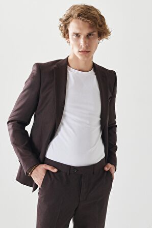 Erkek Bordo-gri Ekstra Slim Fit Dar Kesim Mono Yaka Su Ve Leke Tutmayan Nano Takım Elbise