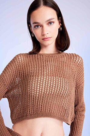 DeFacto Regular Fit Bisiklet Yaka Kroşe Ajurlu Delikli Crop Triko Kazak T4513AZ24AUBG111
