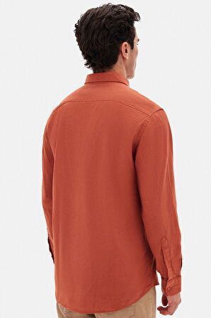 Ds Damat Comfort Kiremit Düğmeli Yaka Rahat Kesim Keten Görünümlü %100 Pamuk Gömlek