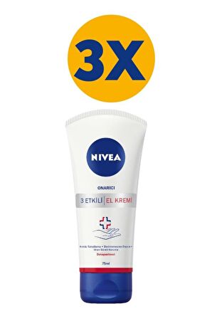 Nivea 3 Etkili Onarıcı El Bakım Kremi 75ml, Nemlendirici, Anında Rahatlama, Uzun Süre Koruma, X3 Adet