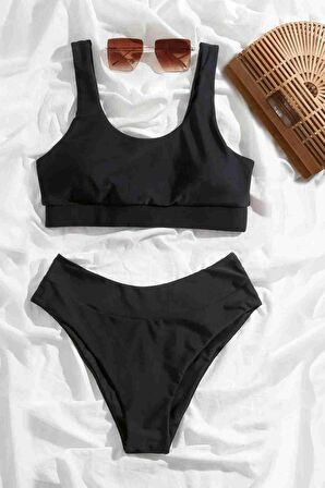 Angelsin Yüksek Bel Tankini Bikini Takım Siyah