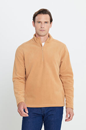 Erkek Karamel Anti-pilling Tüylenme Yapmayan Standart Fit Bato Yaka Soğuk Geçirmez Polar Sweatshirt