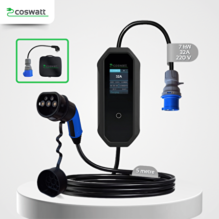 Coswatt Elektrikli Araç Taşınabilir Şarj Cihazı 7 kW / 32A / Tip-2 / Türkçe Menü / 3x32A Fiş / 5m Kablo / 220V AC / Ev Tipi Priz Dönüştürücü Kablo ve Taşıma Çantası Dahil