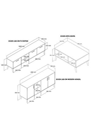 SET 1585-2074-1624 EXXEN (AHŞAP AYAKLI) TV ÜNİTESİ - ORTA SEHPA - KONSOL SETİ SEPET - BEYAZ