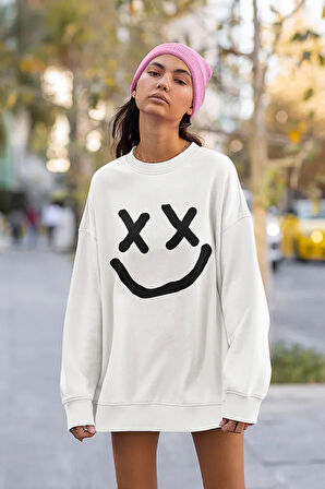 Gülen Çizgi Surat Baskılı Unisex Oversize Sweatshirt