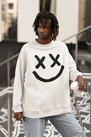 Gülen Çizgi Surat Baskılı Unisex Oversize Sweatshirt