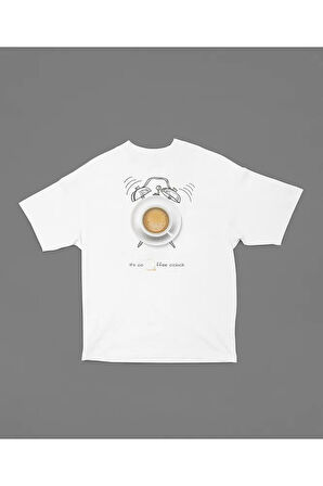 Kahve Saati Baskılı Unisex Tişört, Oversize Its Coffee O'clock Tişört