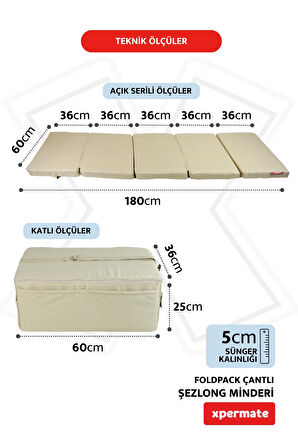 XPERMATE Katlanır Şezlong Minderi Fermuarlı Çantalı Cepli FoldPack 30x60x25cm Bej 