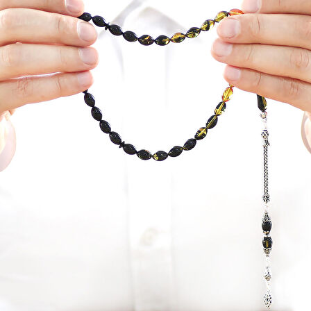 925 Ayar Gümüş Püsküllü Arpa Kesim Süzme Sarı-Siyah Ateş Kehribar Tesbih