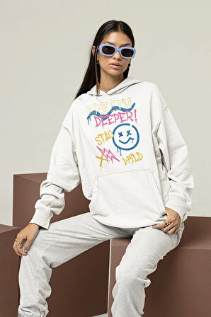 Breath Deeper Stay Wild Yazılı Unisex Oversize Grafiti Hoodie
