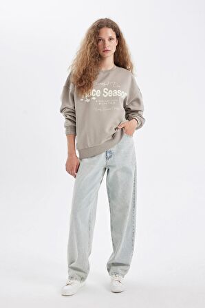 Loose Fit Bisiklet Yaka Baskılı Kalın Kumaş Sweatshirt