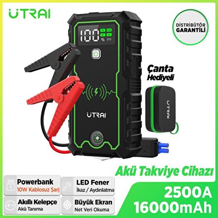 UTRAI JS-1 Pro 16000mAh 2500A Jump Starter Taşınabilir Akü Takviye Cihazı ( Kablosuz Şarj + Pusula + Çanta + Led lamba + Powerbank )