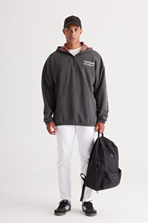 Erkek Antrasit-melanj Oversize Bol Kesim Içi Polarlı 3 Iplik Kapüşonlu Baskılı Sweatshirt