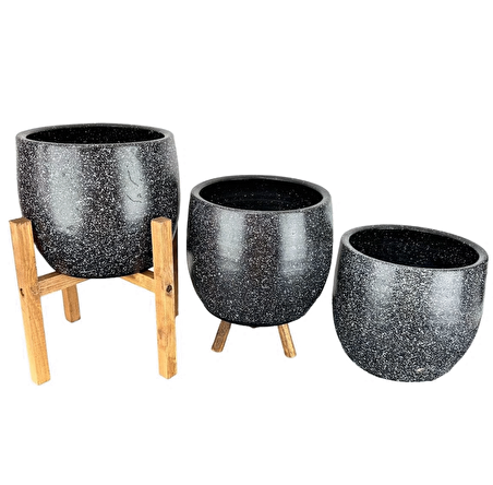 Ev Dekorasyon Aksesuar Siyah Granit Toprak Saksı Saksılık Salon Çiçeklik Üçlü Set- 19 CM