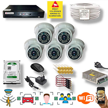 5 Kameralı Set - Araç İnsan Yüz Hareket Algılayan Gece Görüşlü 36 IR Led 5MP Sony Lensli 1080P Dome Güvenlik Kamerası Seti D136b-1