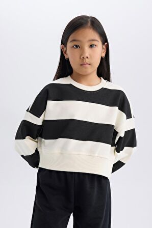DeFacto Kız Çocuk 2'li Takım Çizgili Bisiklet Yaka Sweatshirt Beli Lastikli Jogger Eşofman Altı D4091A824WNBK26