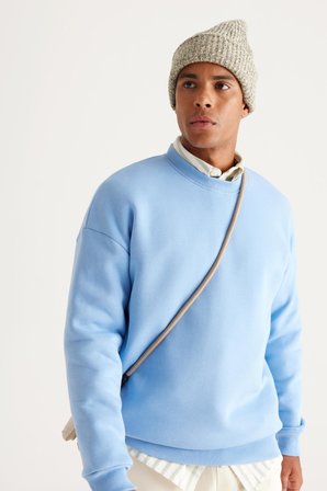 Erkek Açık Mavi Oversize Bol Kesim Içi Polarlı 3 Iplik Bisiklet Yaka Pamuklu Sweatshirt