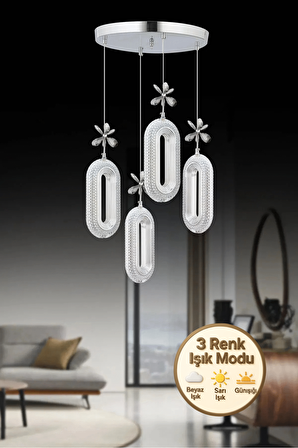 Nova Lighting Alfa 4'lü Gümüş 3 Renk Ledli Kristal Taşlı Modern Led Avize