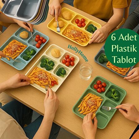 6 Adet Tabldot 5 Bölmeli Lüks Plastik Piknik Yemek Servis Tabağı, 6 Renk Tablot 21x31x3,3(h) cm