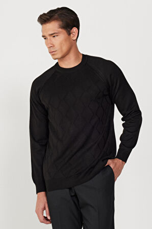 Erkek Siyah Standart Fit Normal Kesim Bisiklet Yaka Jakarlı Triko Kazak